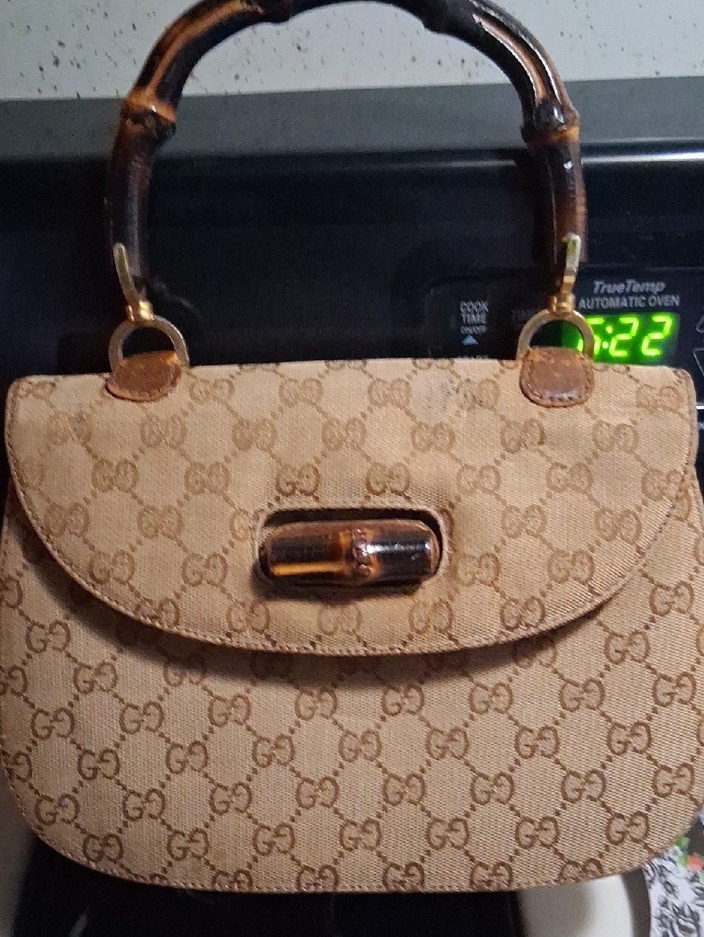Gucci Beige GG Monogram Satchel with Bamboo Top Handle
